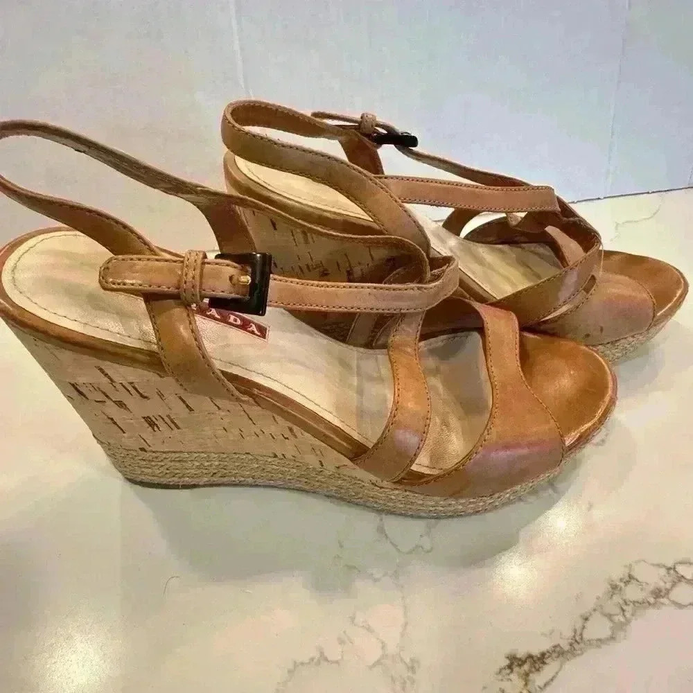 Prada Cork Wedge Strappy Tan Leather Sandals (Sz 37.5) - Picture 10 of 16